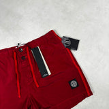 Nylon Metal Button Front Swim Shorts Red