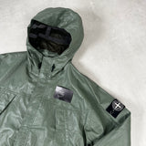 Special Process Light Leather Organza Hooded Jacket Green